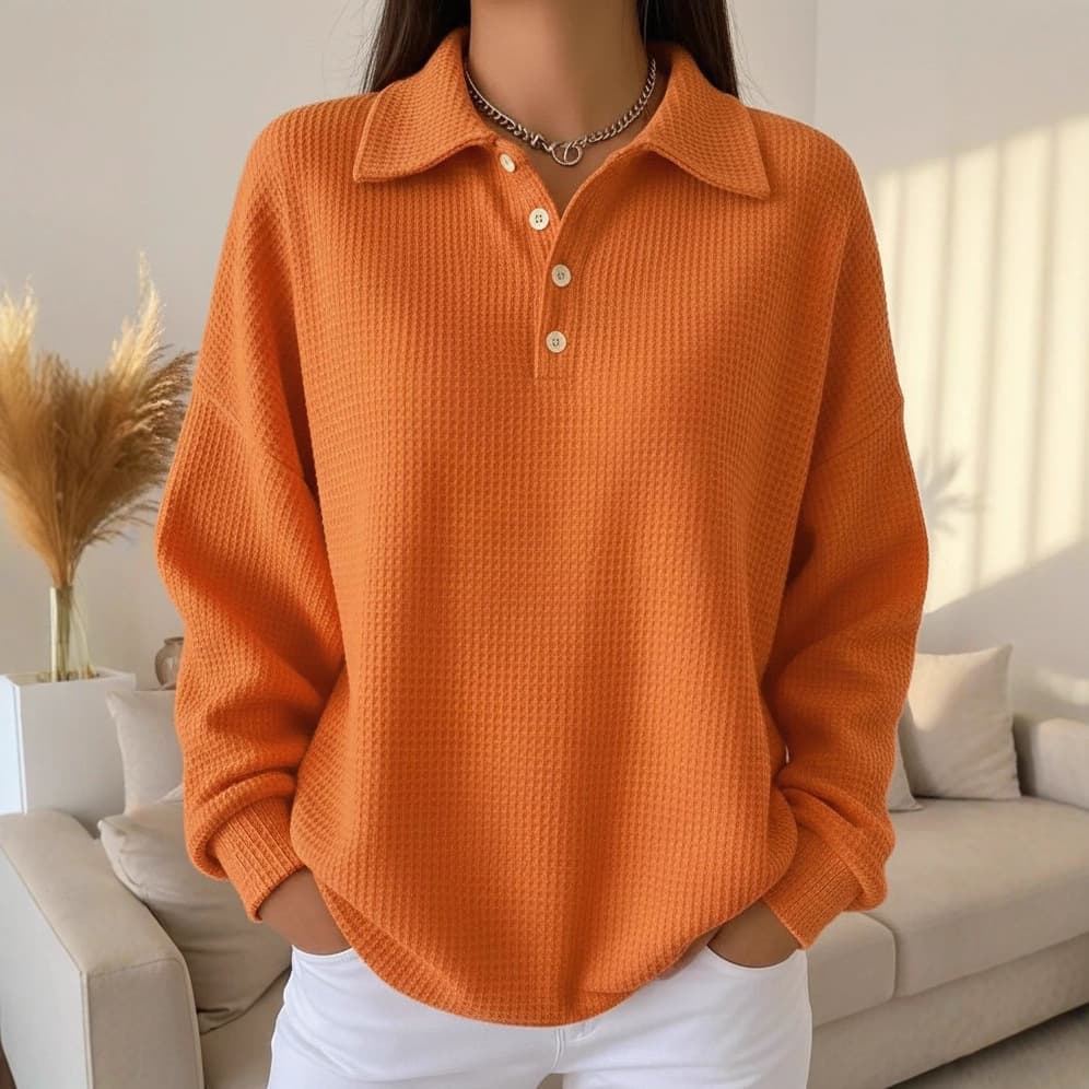European/American Cross-Border 2025 Autumn/Winter New Loose Solid Color Collar Versatile Polo Shirt, Waffle Knit Long-Sleeve Women's Top