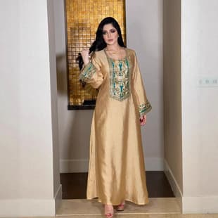 European and American Fashion Women's Gold Thread Embroidery Patch Dress Vintage Fashion Jalabia Women's Dress Gown