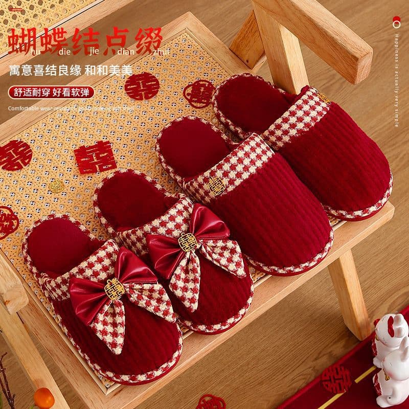 Wedding Slippers Festive Red Pair Newlywed Warm Home Anti-slip Couple Bride Dowry Cotton Slippers Autumn Winter