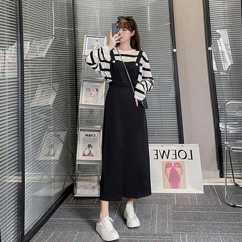 Single/Two-Piece Autumn New Plus Size Women's Clothing, Fashionable and Slimming Long-Sleeved Striped Shirt and Suspender Skirt Set