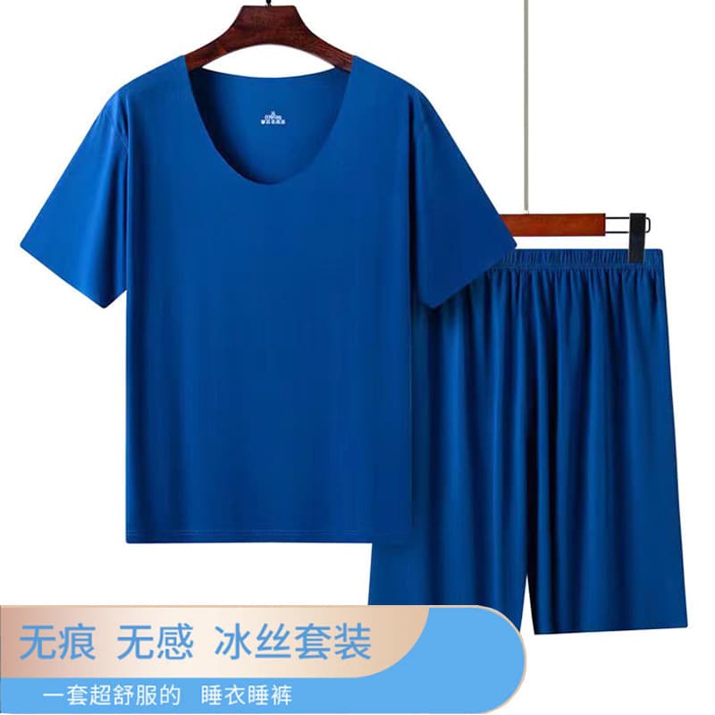 Men's Ice Silk Pajama Set Short Sleeve Shorts Slim Fit Youth Sport Suit Undershirt Summer Thin