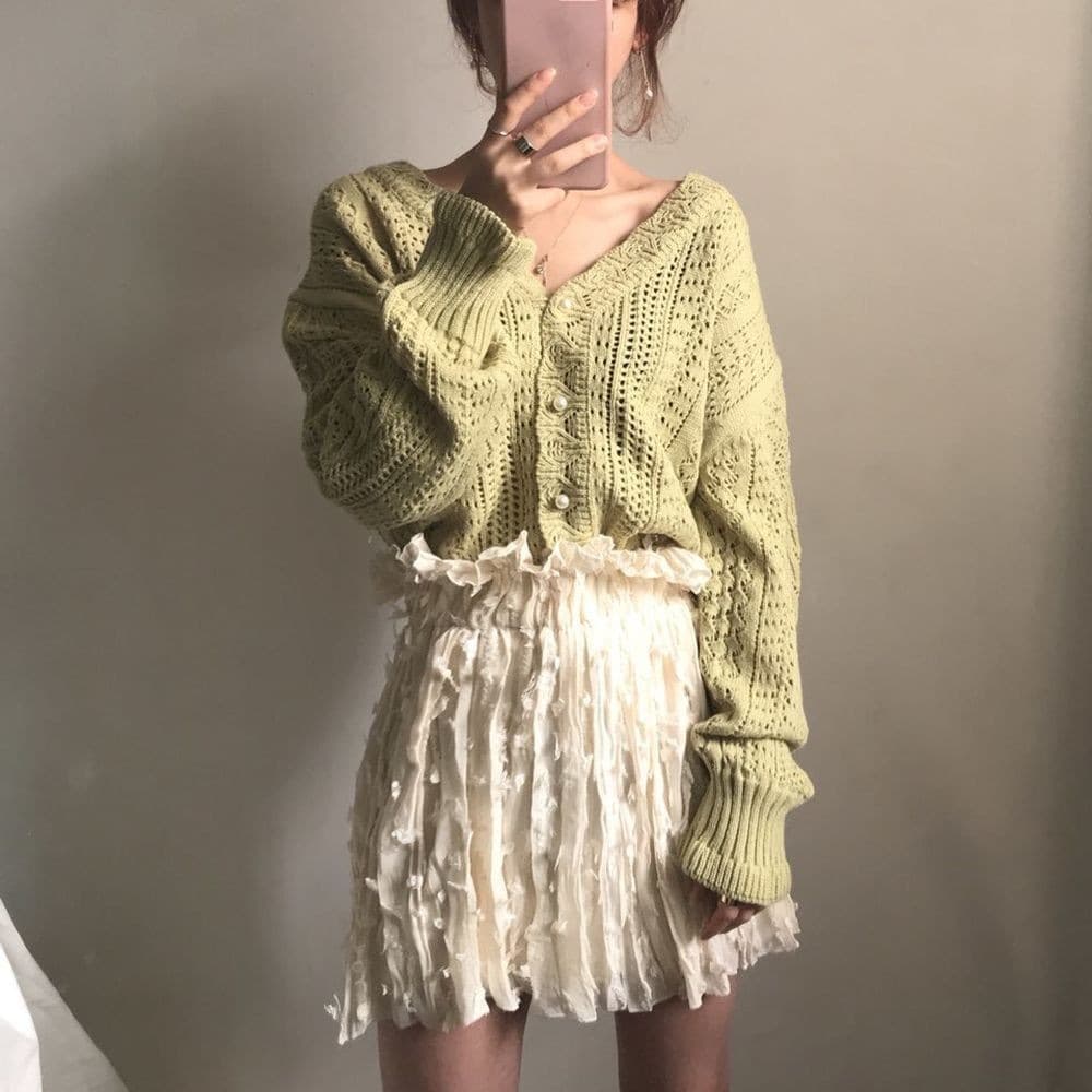 Spring and Autumn Retro Hollow-Out Lazy Style Woolen Coat Crochet Sweater V-Neck Knitted Cardigan Women's Mohair Cardigan