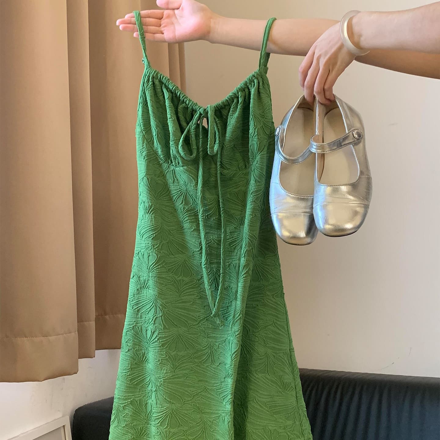 French green suspender floral dress for women summer new seaside vacation small waist skirt