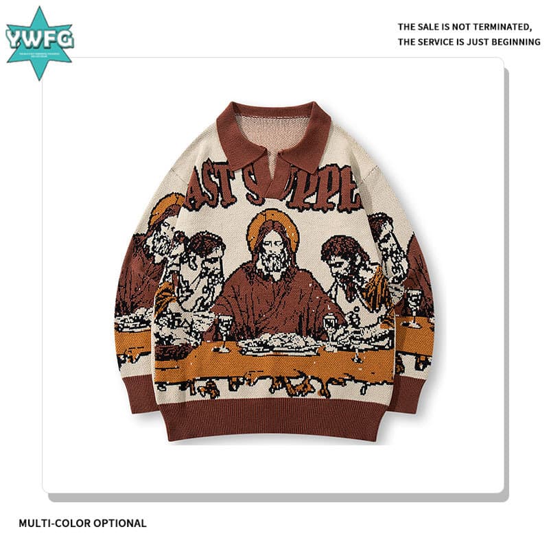 Cross-border Bestseller Retro Novelty Sweater for Men, European and American Casual Turn-down Collar Versatile Knitwear with Character Jacquard Pattern