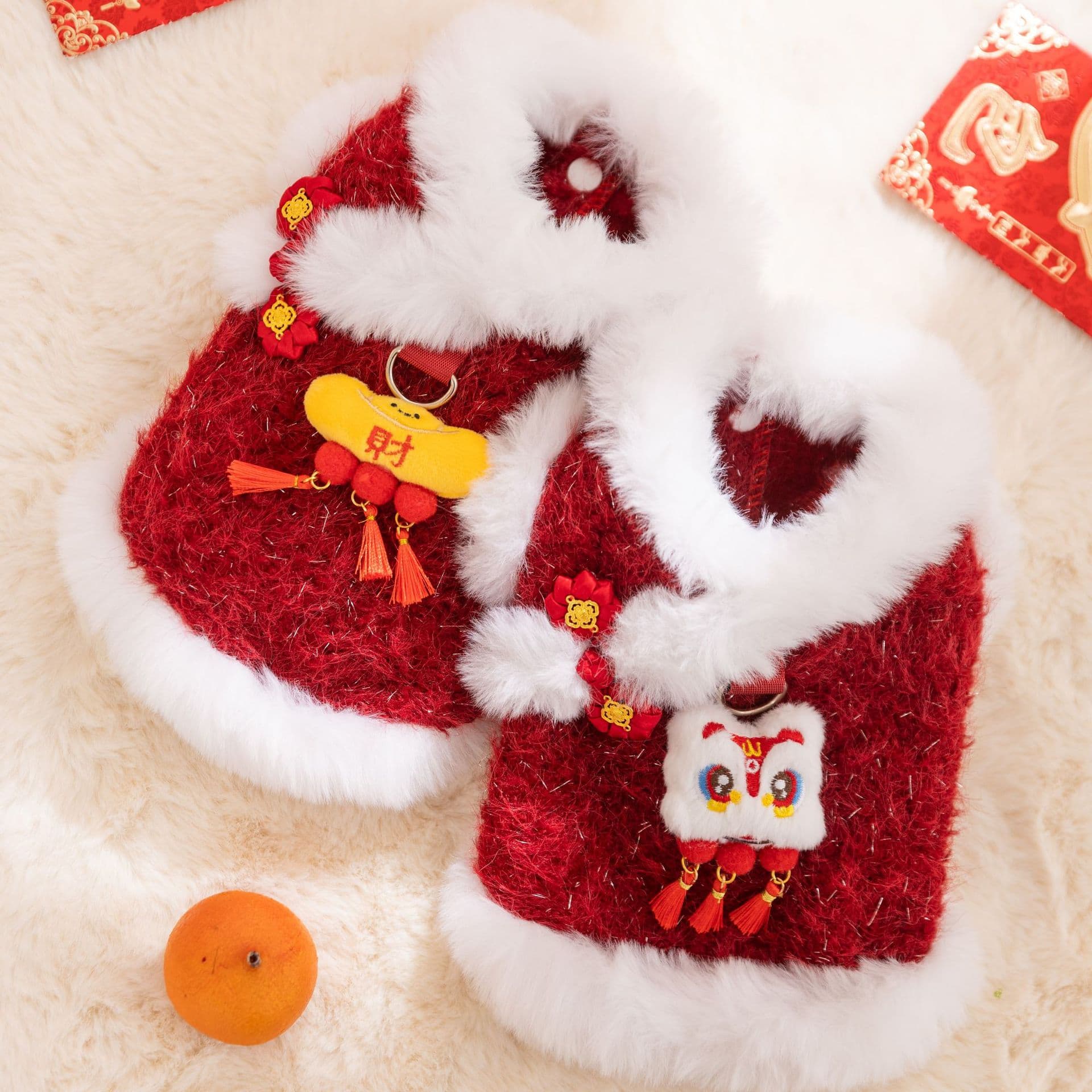 Cat Clothes New Year Tang Suit Red Cute Lion Awakening Plush Coat Two-Legged Cotton Coat Small Dog Clothes Pet Clothes