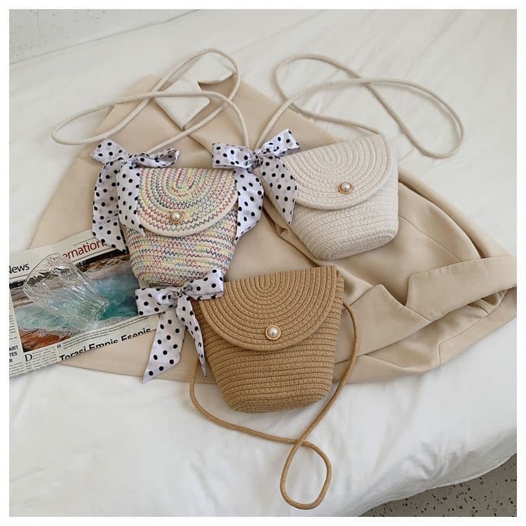 2025 new high-gloss imitation pearl flip straw bag woven bag seaside beach woven crossbody small bag exquisite