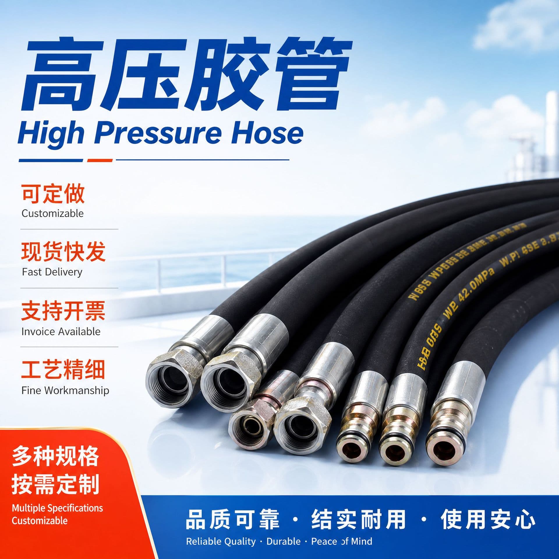 High-Pressure Hydraulic Hose with Metric Thread Fittings, Steel Wire Spiral Reinforced Rubber Hose Assembly for Excavators