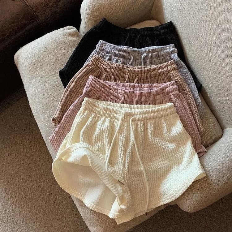 Women's Sports Shorts, Waffle-Style Casual Versatile Home A-Line Shorts, New High-Waisted Slimming Shorts with Drawstring for Outdoor Wear