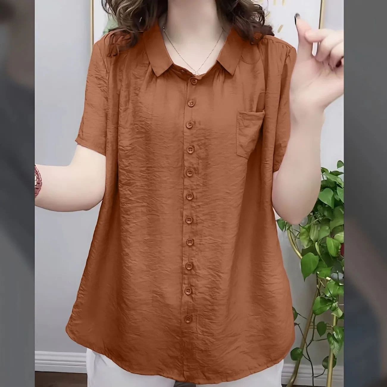 Plus Size Women's Blouse for Moms, Loose Fit Shirt to Cover Belly, Short Sleeve Cardigan for Elderly Women, Cross-Border