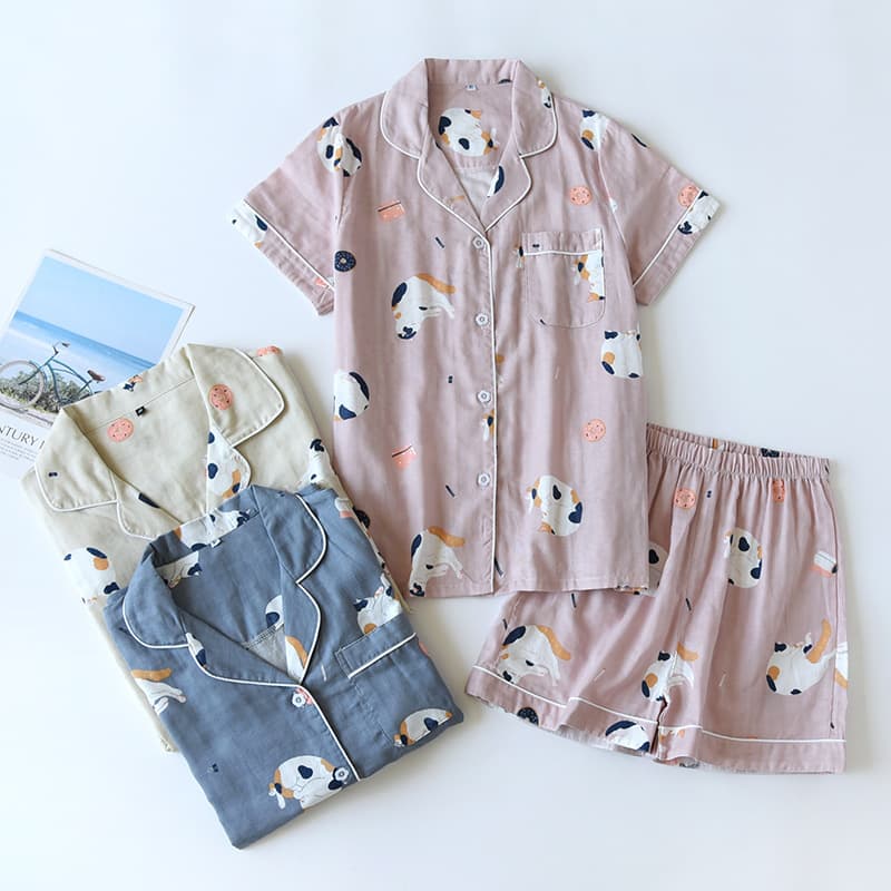 Couple Pajamas Summer Cotton Gauze Short Sleeve Nightgown Women Korean Cartoon Homewear Men Thin Set