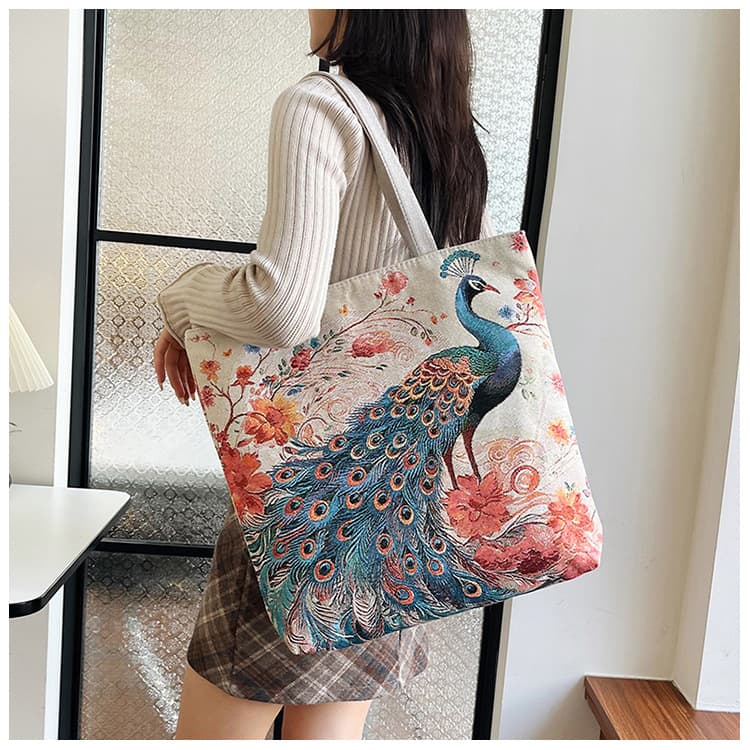Ethnic style shoulder bag double-sided gold silk jacquard embroidered canvas bag large capacity simple literary shoulder tote bag