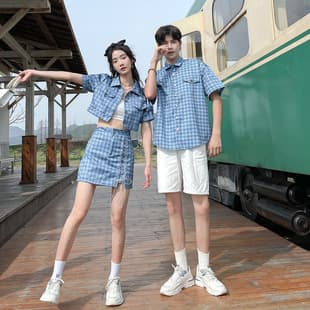 Special Couple Outfit New Style Niche Design Versatile Petite Trendy Houndstooth One Skirt One Shirt Shirt Set