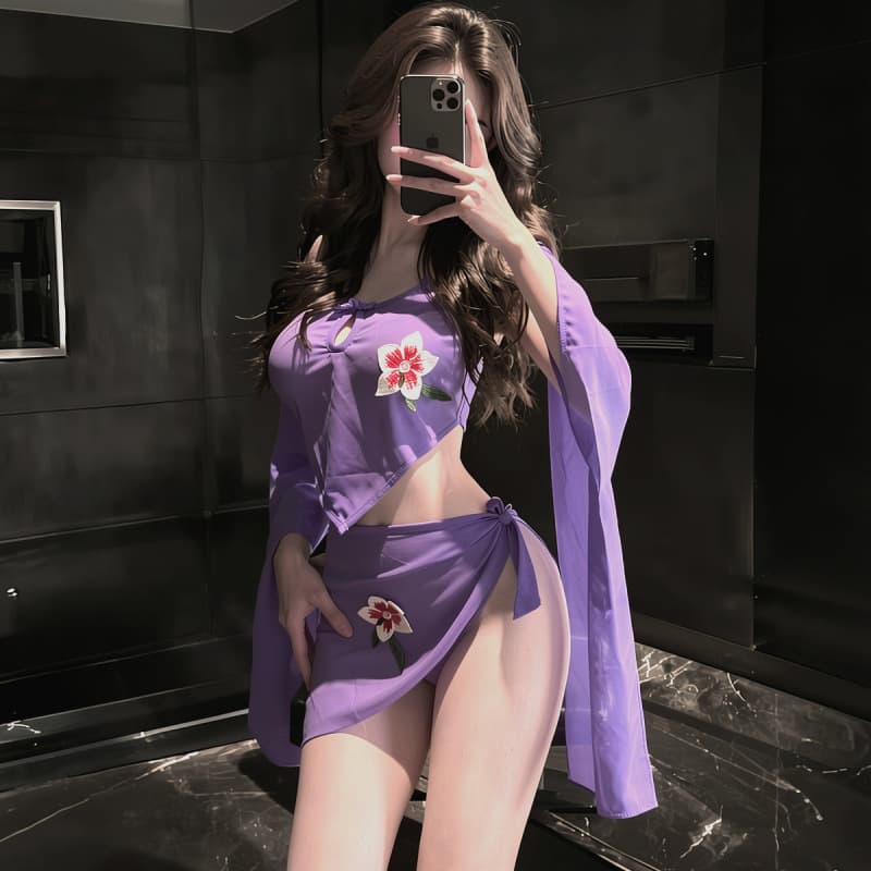 Purple floral embroidery large size sexy pajamas set women's backless suspender slit nightgown sexy bed temptation outfit