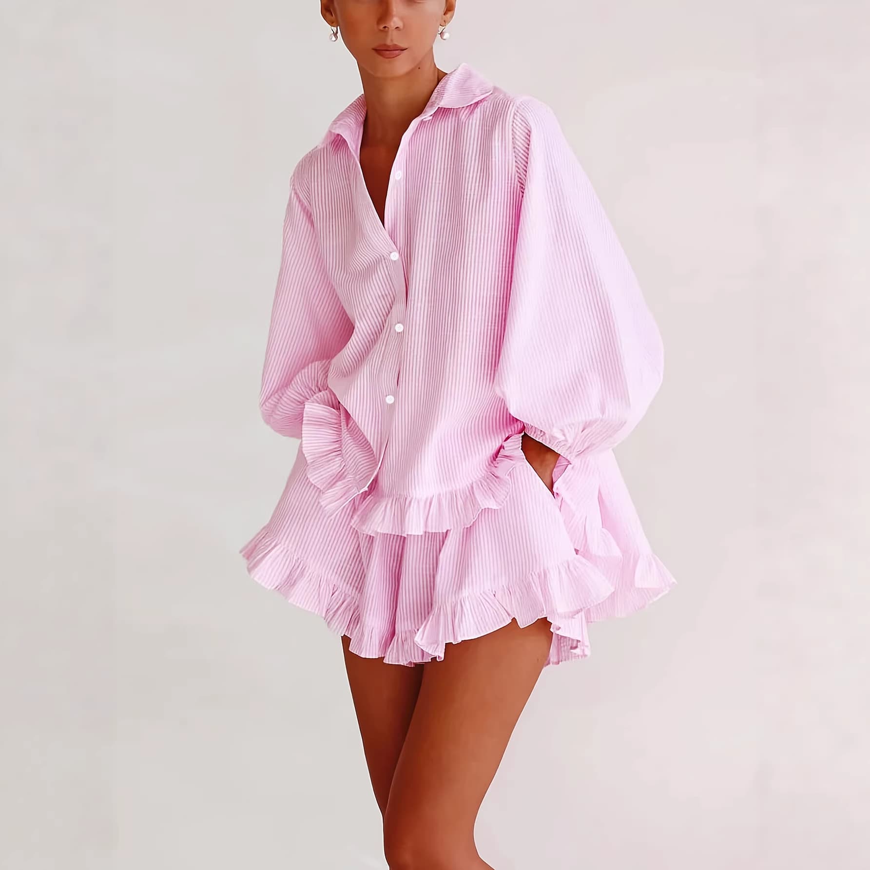 Striped Lapel Puff Sleeve Ruffle Shorts Set, European and American Loose New Style Set