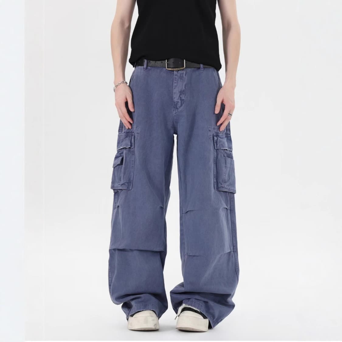 New French Jeans Blue Men and Women Heavy Industry Washed and Distressed Loose Baggy Straight Leg Multi-Pocket Overalls Trendy