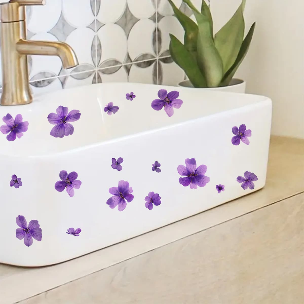 ACC32366 Fresh Purple Small Floral Waterproof Wall Sticker Bathroom Washbasin Decorative Tile Self-Adhesive Beautification Sticker