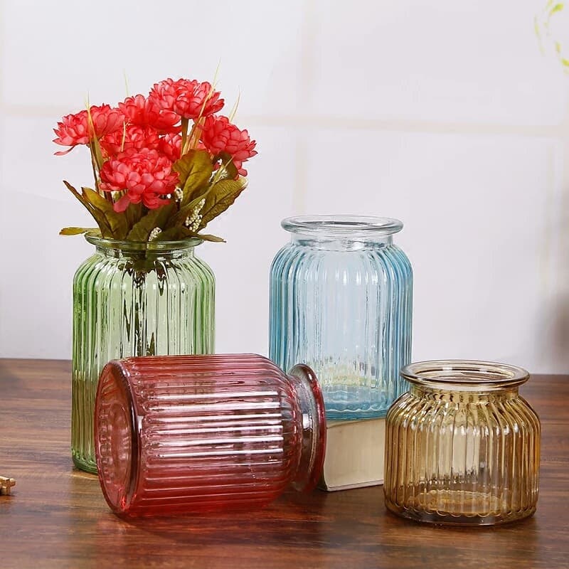 Creative Vertical Stripe Vase, European Vintage Colored Glass Vase, Home Decorative Striped Glass Flower Vase