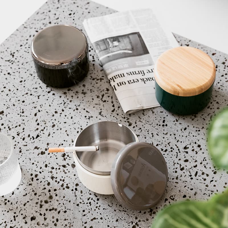 Creative bamboo cover stainless steel ashtray Nordic style living room home office plastic windproof ashtray with cover