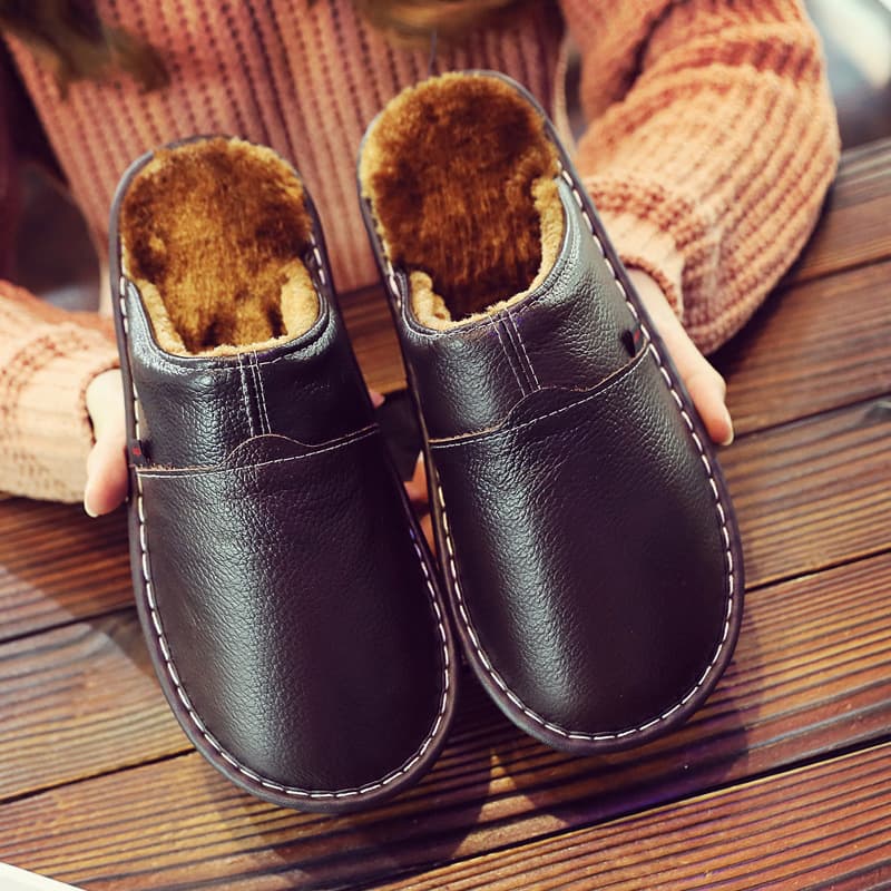 Winter Indoor Genuine Leather Warm Cotton Slippers for Couples, Men and Women, Home Cowhide Waterproof Soft Sole Anti-Slip Thickened Leather Slippers