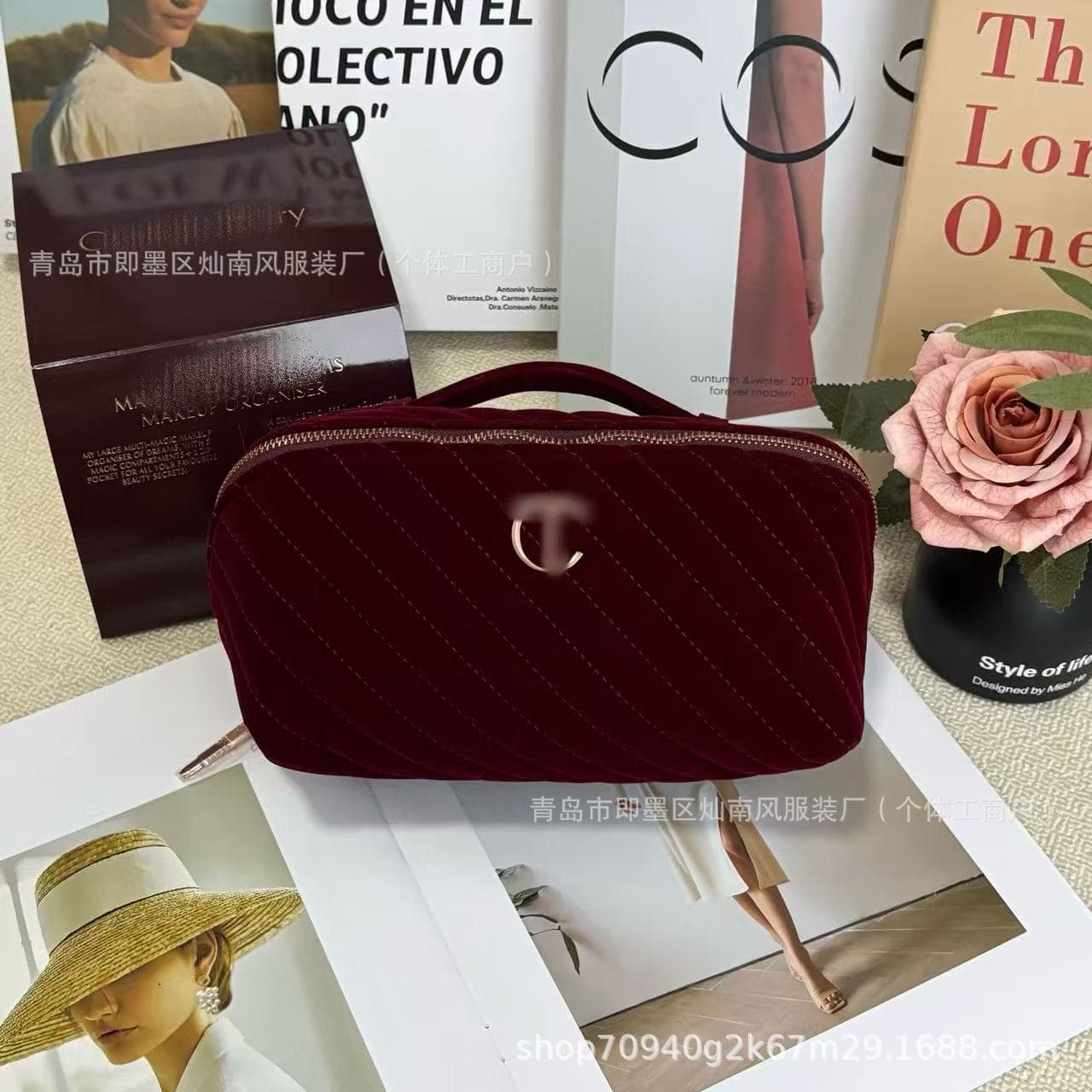 Makeup Gift Counter Final Stock CT Velvet Shell Bag Wine Red Premium Cosmetic Bag Women's Bag Purchase Gift