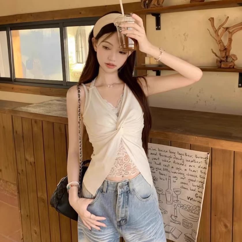 White Halterneck Camisole Top for Women Summer with Padded Cups Lace Sexy Y2K Design Going Out Top 5518