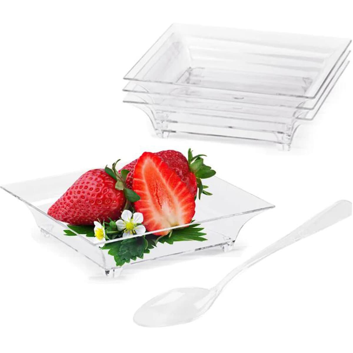1OZ Mini Dessert Plates and Tasting Spoons, Transparent Plastic Square Mini Banquet Plates, 50 Sets, White Box
