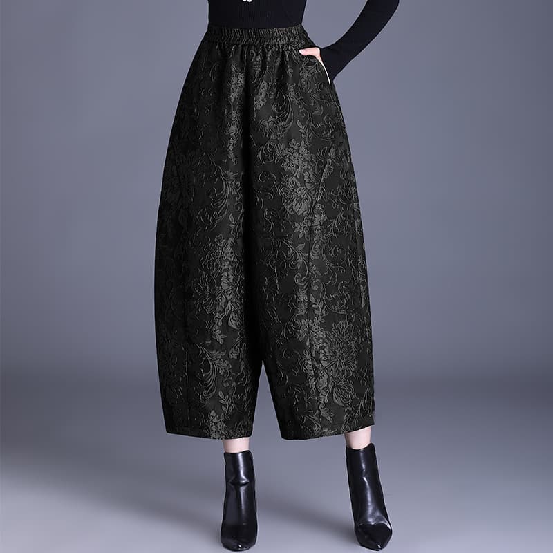 2025 autumn new style loose lantern pants for moms, high-waist casual jacquard cocoon-shaped carrot cropped pants for women.