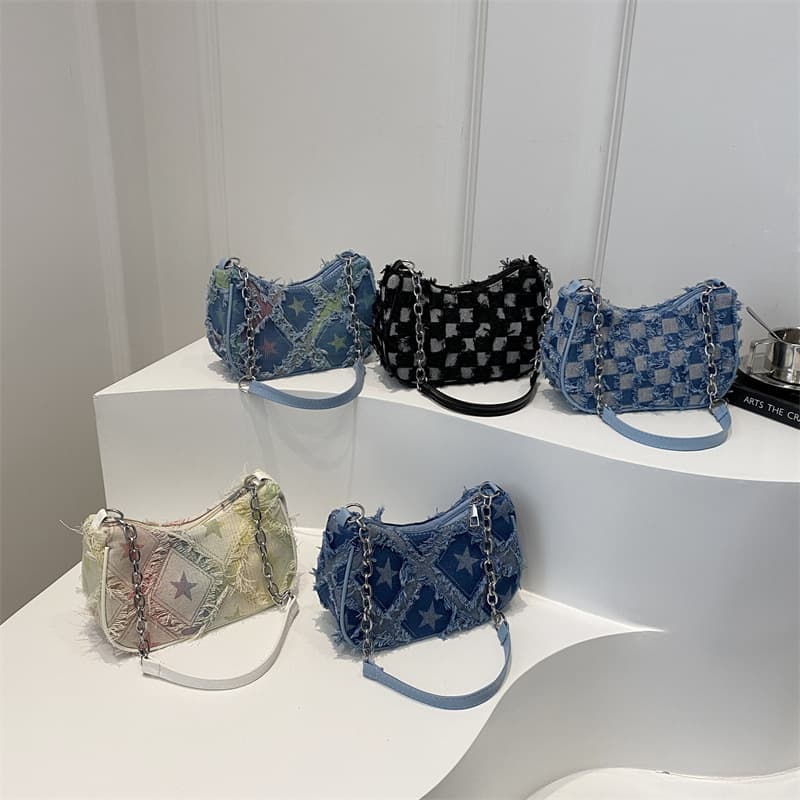 Wholesale denim plaid bag women's simple shoulder bag new Japanese fashion armpit large capacity casual bag for women
