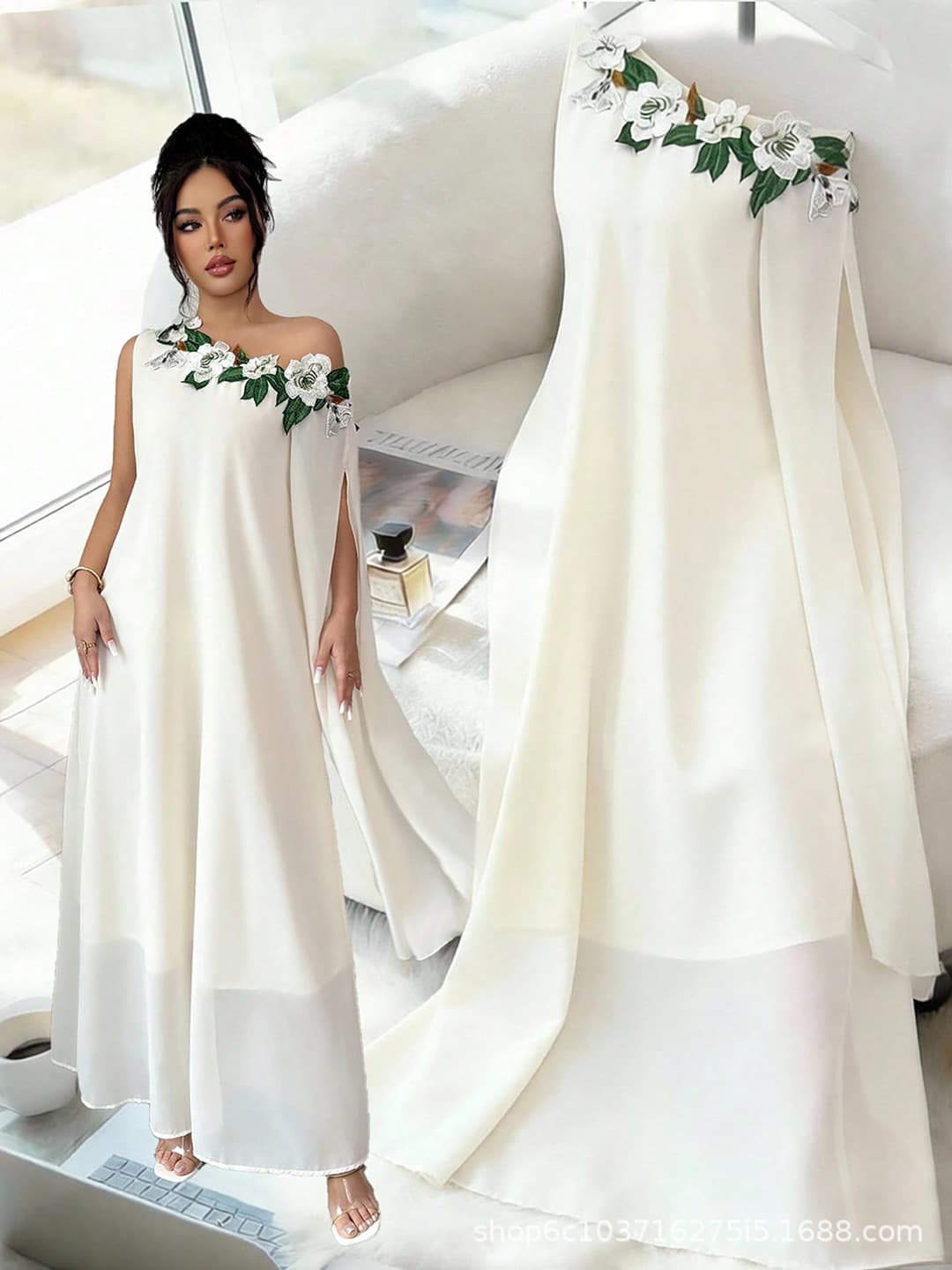 Cross-border Europe and America 2026 Women's New Arrival One-Shoulder 3D Floral Dress Loose Flowing Cape Sleeve Chiffon Maxi Dress
