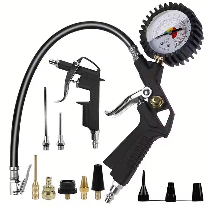 Pneumatic Tool 13-Piece Set Including Tire Pressure Gun, Dust Blow Gun, Extension Tube, Multi-Function Inflation Device