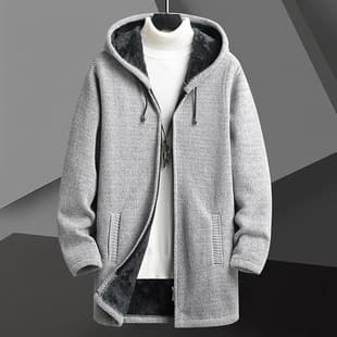 Cross-border Trade Drop Shipping New Autumn/Winter Men's Fleece-Lined Thick Warm Mid-Length Zip-Up Hooded Knit Cardigan