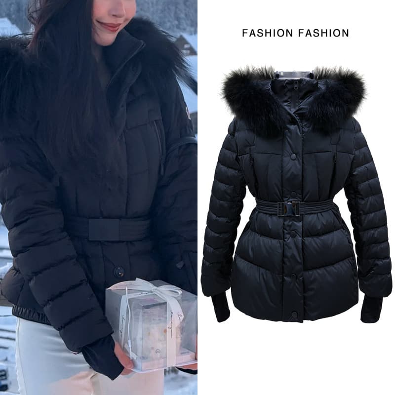 Black large fur collar down jacket for women winter thickened warm waist slimming belt ski jacket 2024 winter style