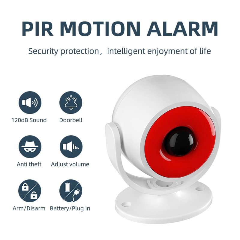 New PIR motion alarm, home security 360-degree rotation adjustable volume sound and light alarm, anti-intrusion.