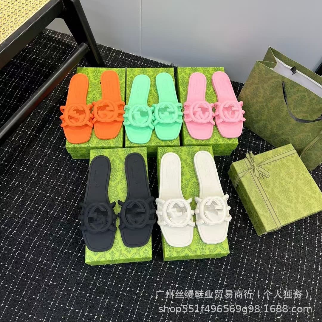 High Edition Cross-border G Family Flat Sandals One-strap Jelly Color Vacation Beach Outdoor Anti-slip Export Slippers