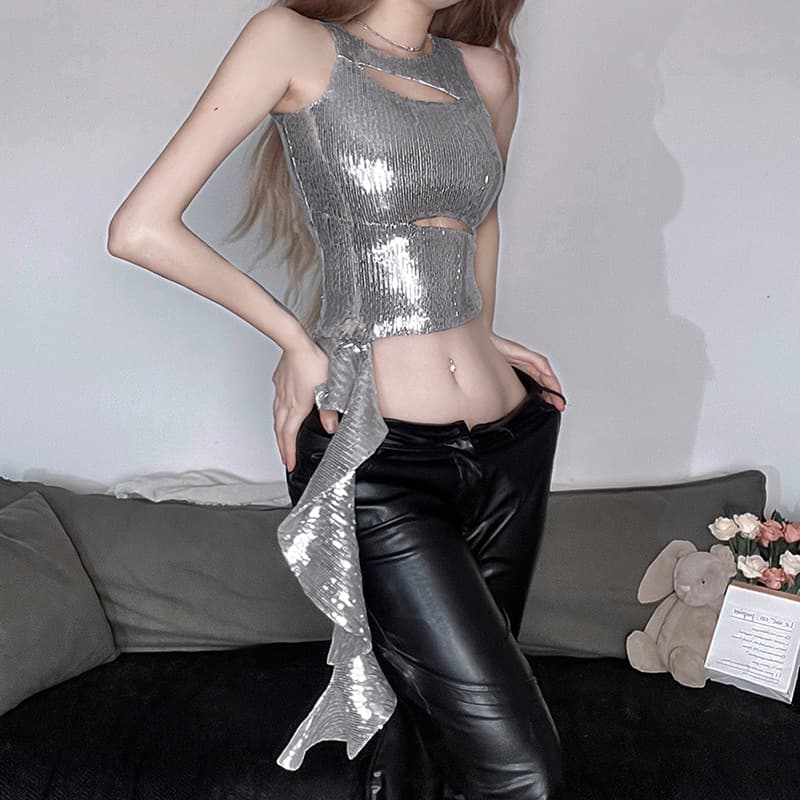 European and American style 2024 spring new women's clothing sexy hotties waist-baring shiny shiny slim-fitting irregular side vest