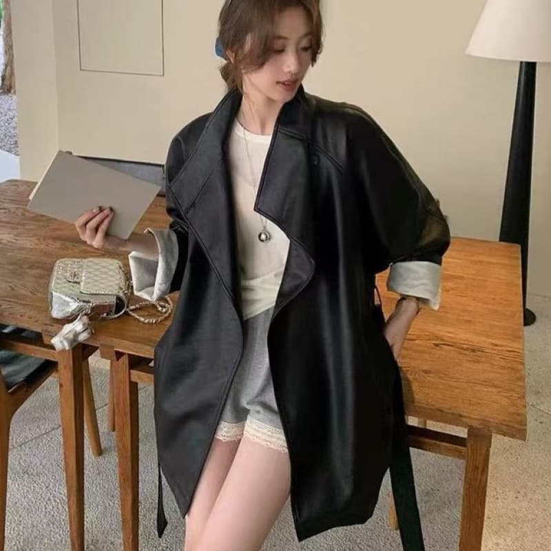 Hot-Selling Leather Jacket Ready Stock Wholesale High-End Fashion Temperament Slim Stand Collar Mid-Length with Belt PU Leather Jacket Outerwear