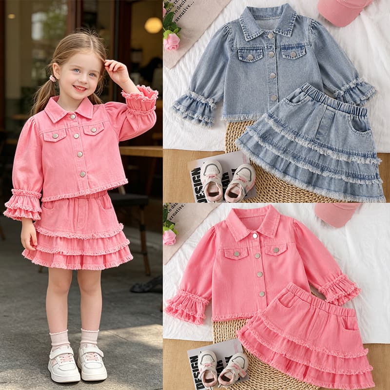 New Fall/Winter Girls' Set European & American Cross-Border Hot-Selling Frayed Denim Jacket Tassel Cake Skirt Two-Piece Set