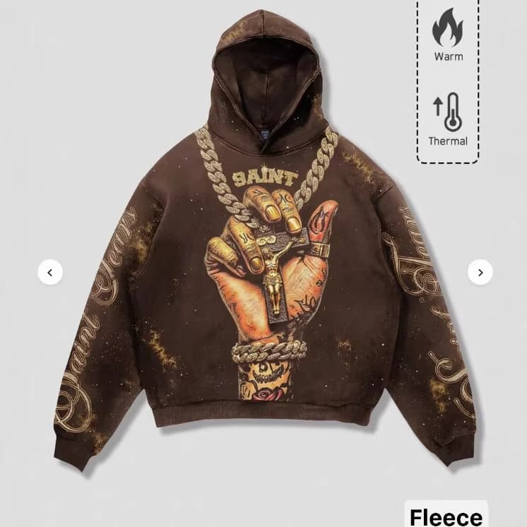 Men's American High Street SAINT Gold Chain Hand Print Hoodie Autumn Winter Fleece Lined Pullover Hoodie Cross-Border Wholesale