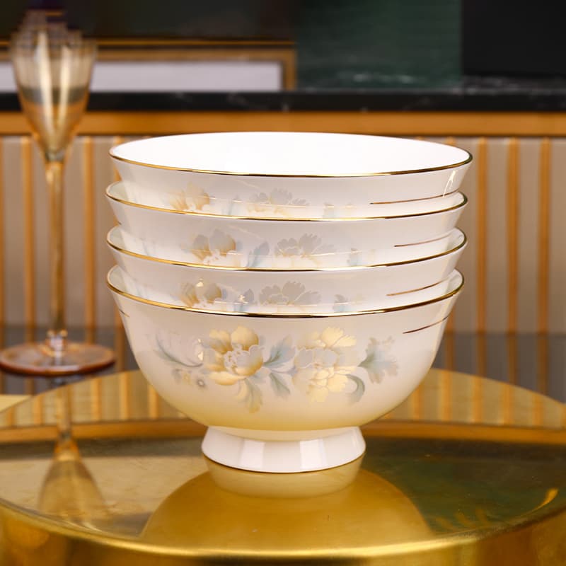 Premium New Design Gold-Rimmed Rice Bowl, High-Foot Heat-Proof Ceramic Bowl from Jingdezhen, Elegant Tableware for Dining