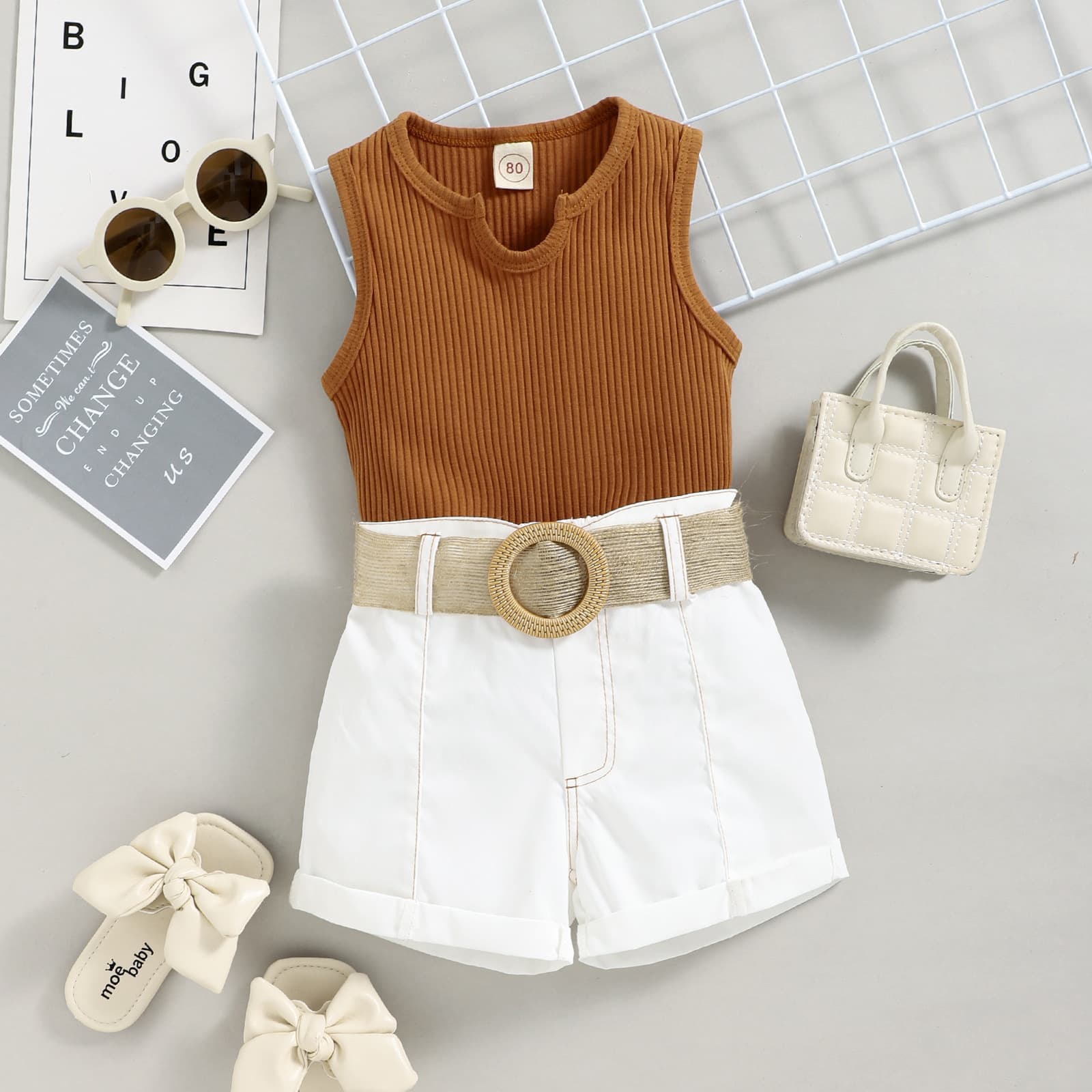 Girls Summer Outfit Sleeveless Solid Color Round Neck Vest Shorts Two Piece Set Soft Cotton European Style Children's Clothing