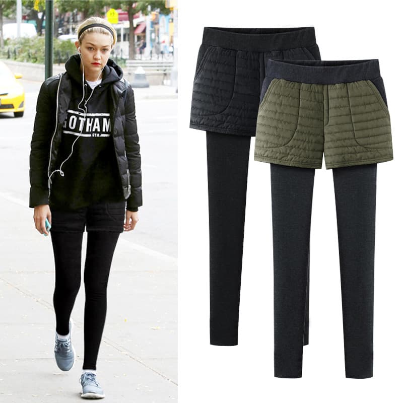 Winter Fleece-Lined Leggings for Women, Faux Two-Piece Shorts Style, Thick Cotton Pants, Plus Size High-Waist Thermal Pants