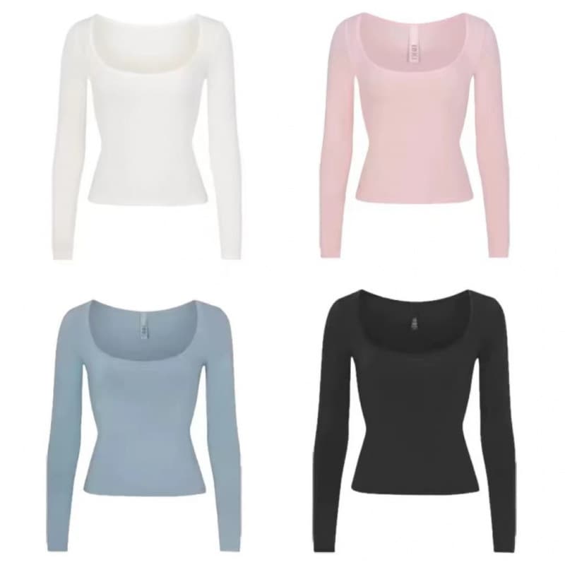 Skims Kim Kardashian Style Square Neck U-Neck Modal Stretch Slim Fit Long Sleeve T-Shirt Base Layer Top for Women