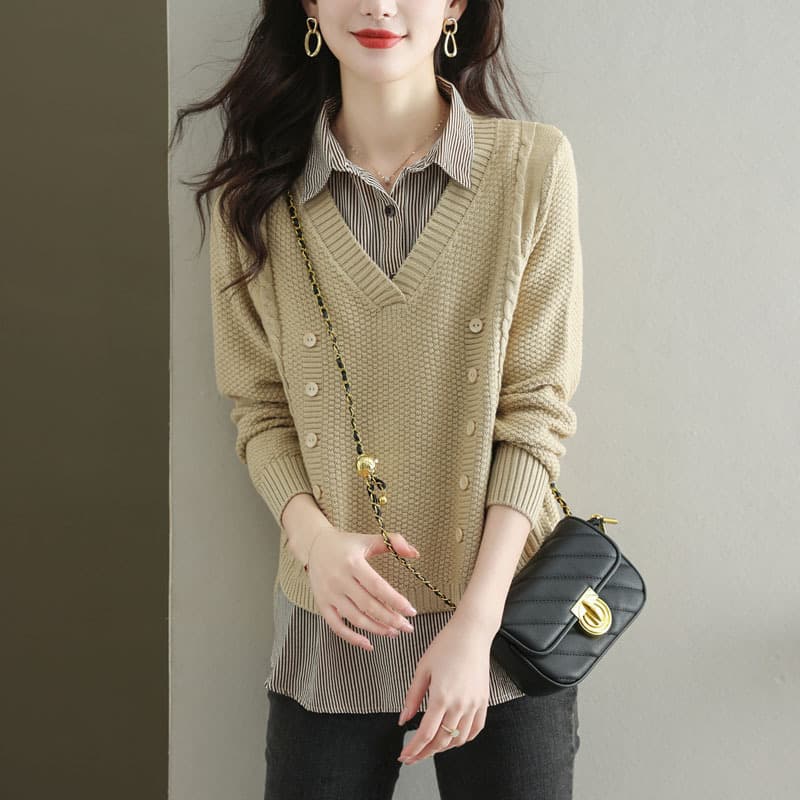 Women's Blouse Early Autumn 2025 New Faux Two-Piece Knitwear Women's Top Autumn Winter Outerwear Fashionable Shirt