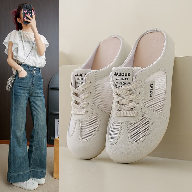 Korean-style Agude Training Shoes for Women, 2025 Spring New Arrival, Closed-Toe Slip-On White Shoes, Casual Half Slippers