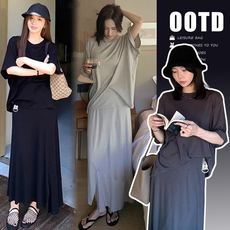 Maternity Summer Loungewear Set: Cloud-Like Smooth Skin-Friendly Short Sleeve Tee + Non-Belly Support Adjustable Slit Design Skirt