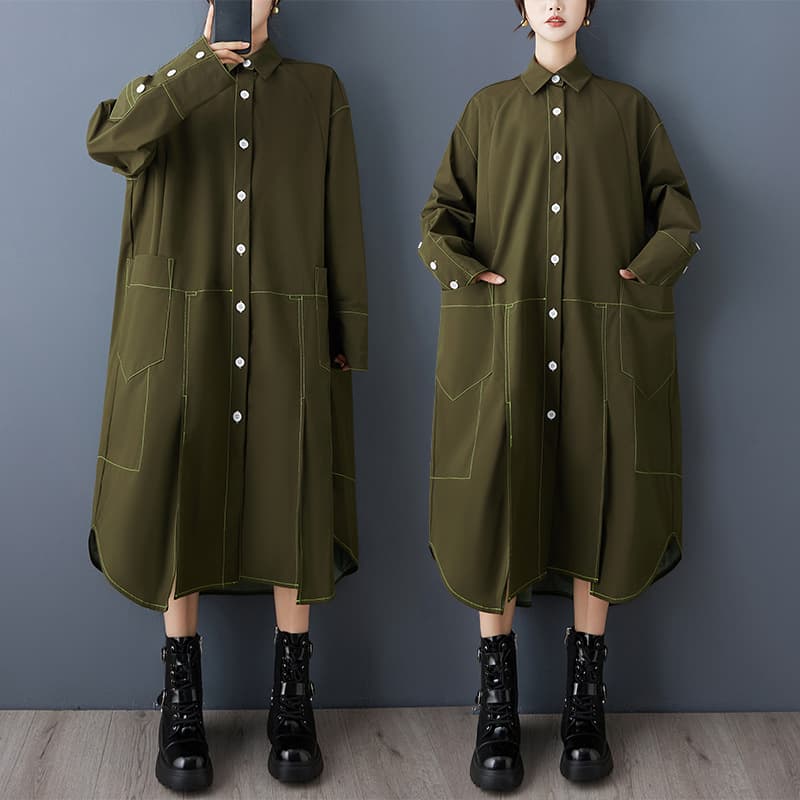 2025 Niche Design French Retro Irregular Topstitch Trench Coat Fashion High-End Lazy Style Shirt Dress