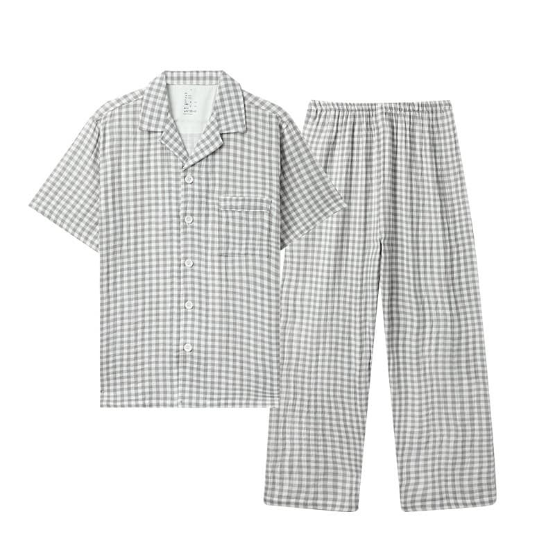 Japanese Muji-Style Washed Cotton Double-Layer Gauze Sleepwear Women's Pure Cotton Short Sleeve Long Pants Summer Couple Homewear