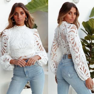In Stock European and American 2020 New Sexy Hollow Long Sleeve Zipper Solid Lace Top for Women