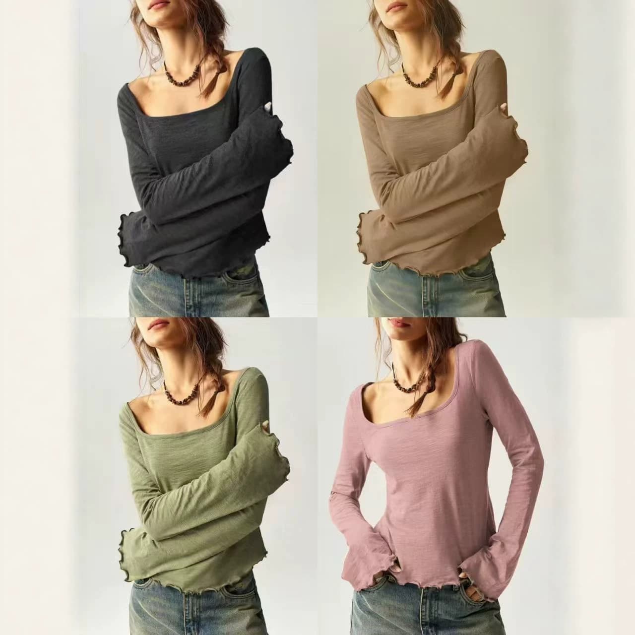 Bohemian Cross-Border Casual Solid Knit Square Neck Flared Sleeve Fitted T-Shirt for Women Source Factory Drop Shipping