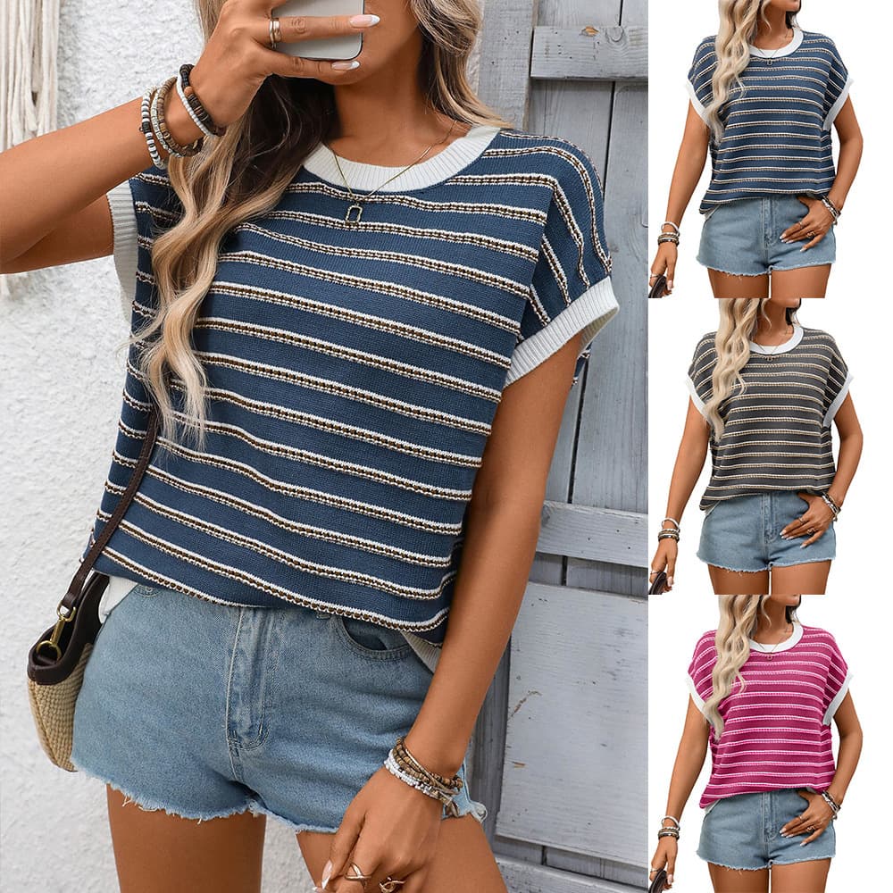 Cross-Border European and American Clothing Amazon 2026 Summer New Round Neck Knitted Top Casual Stripesd Contrast Sweater